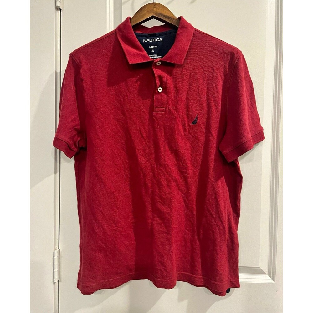 Nautica Men's XL Red Solid Classic Fit Short Sleeve Cotton Collared Polo 0058